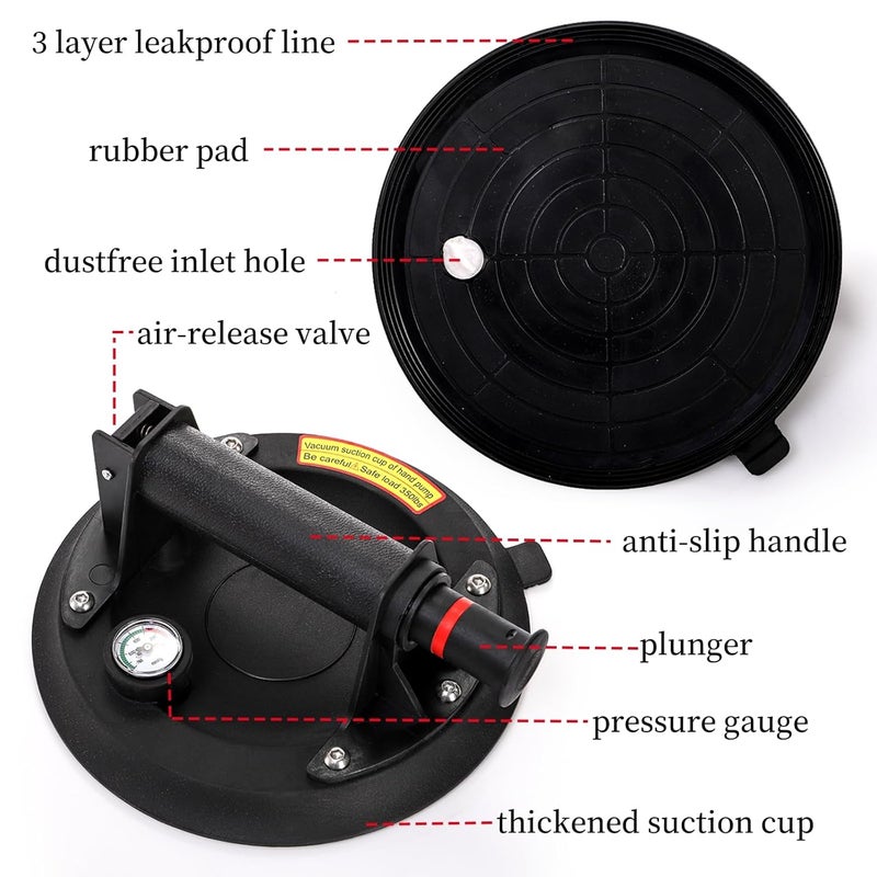 Goaste 2 Pack 8" Glass Suction Cups, 440 lbs Load Capacity, Vacuum Glass Lifter with Pressure Gauge, Heavy Duty Industrial Tile Suction Cup Tools for Windshield, Granite, Marble - Image 3